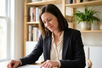 Femme d'une quarantaine examine des documents à la maison