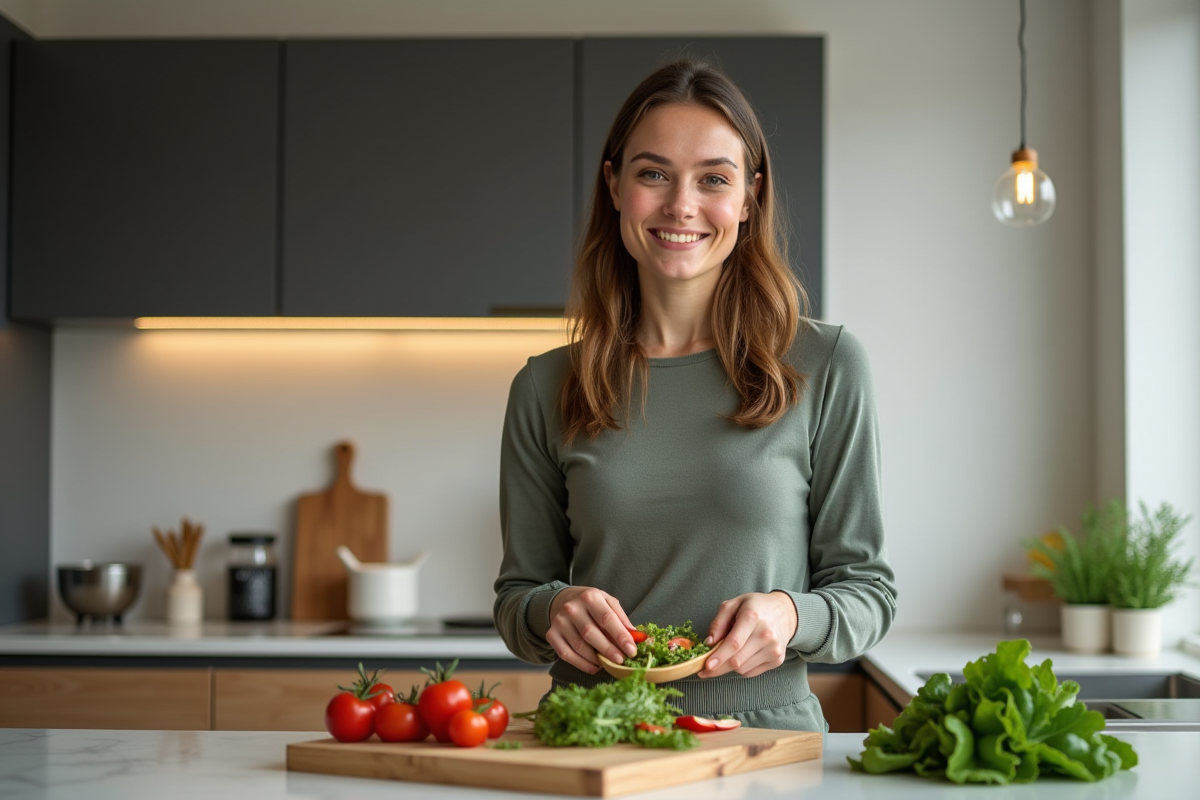 Femme préparant une salade colorée dans la cuisine moderne
