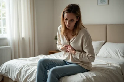 Femme pensive tenant son ribcage dans une chambre lumineuse