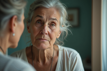 Femme senior regardant dans le miroir du bain avec signes de fatigue
