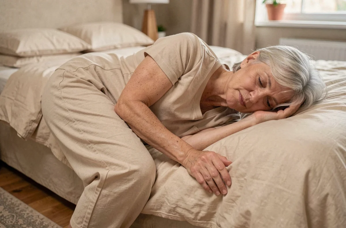 Femme senior assise sur le bord du lit adoptant une position adaptée pour soulager les douleurs aux pattes d'oie du genou
