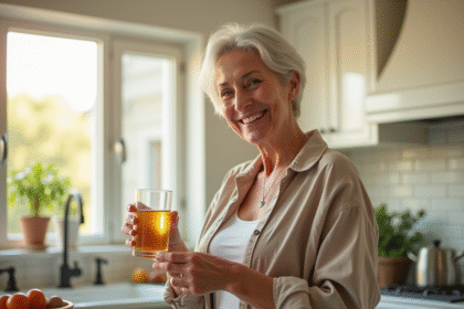 Femme senior souriante tenant une vitamine B12 et de l'eau dans une cuisine lumineuse