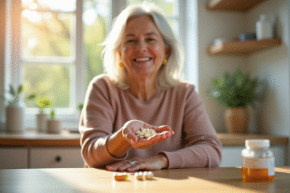Femme senior souriante tenant des capsules de vitamine K2 à la cuisine