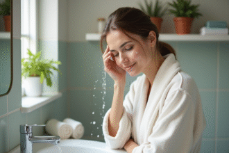 Femme en peignoir douce appliquant de l'eau sur son visage eczema
