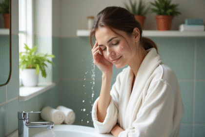 Femme en peignoir douce appliquant de l'eau sur son visage eczema