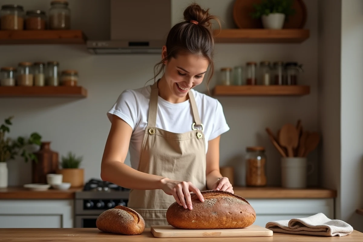 Femme tranchant un pain de seigle complet dans une cuisine chaleureuse avec étagères en bois et bocaux en verre