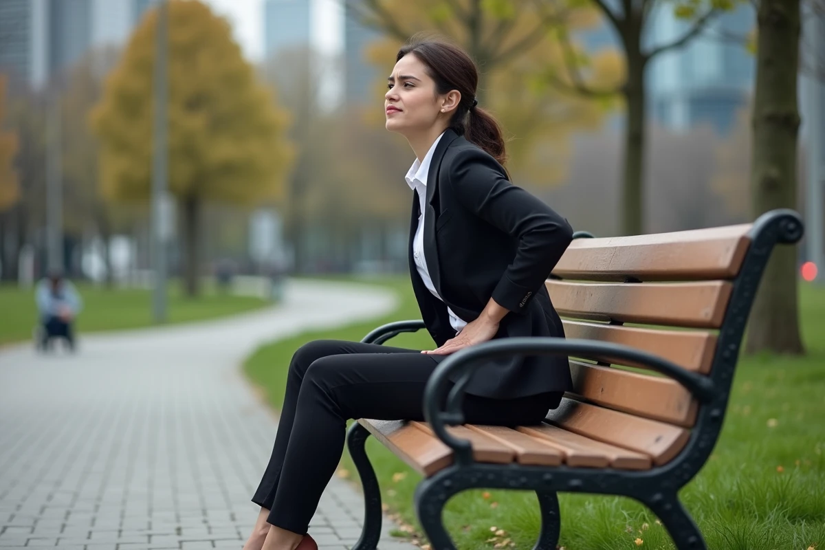 Jeune femme au bureau en plein air avec douleur au dos