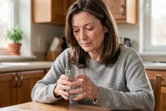 Femme tenant un verre d'eau pour calmer une quinte de toux dans une cuisine chaleureuse
