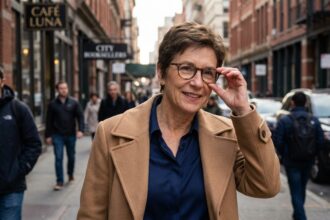 Femme souriante ajustant ses lunettes dans la ville