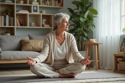 Femme de 50 ans faisant du yoga dans un salon cosy