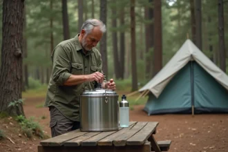 Homme remplissant un filtre à eau Berkey en acier inoxydable sur une table en bois dans un camping forestier