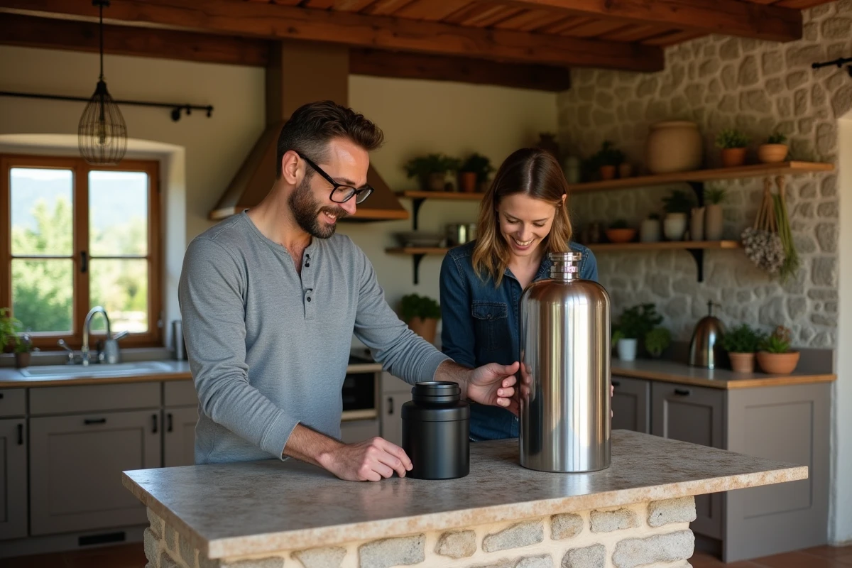 Couple installant un grand filtre Berkey dans la cuisine en pierre d'une maison autonome hors réseau