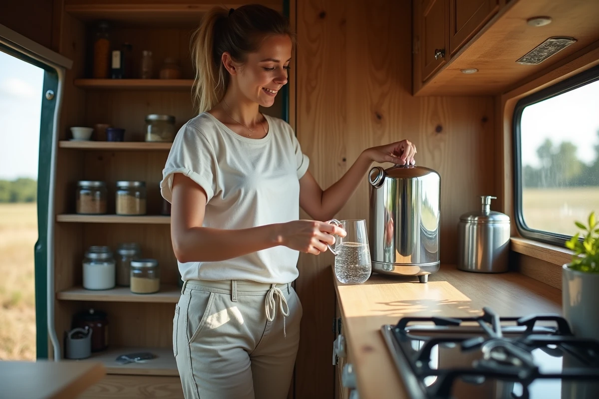 Femme utilisant un filtre Berkey dans l'espace cuisine d'un van aménagé pour le voyage nomade