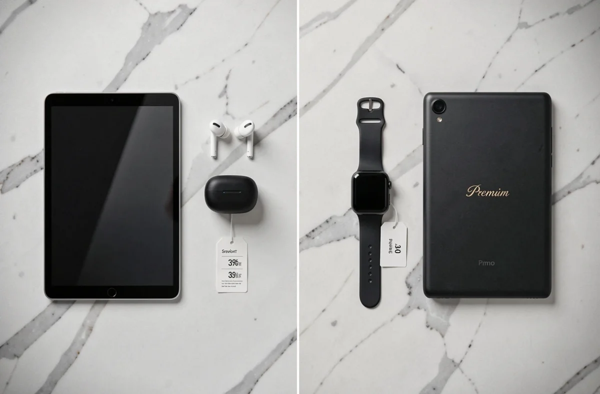 Comparaison flat lay d'appareils électroniques Itworks face aux grandes marques high-tech sur fond de marbre blanc