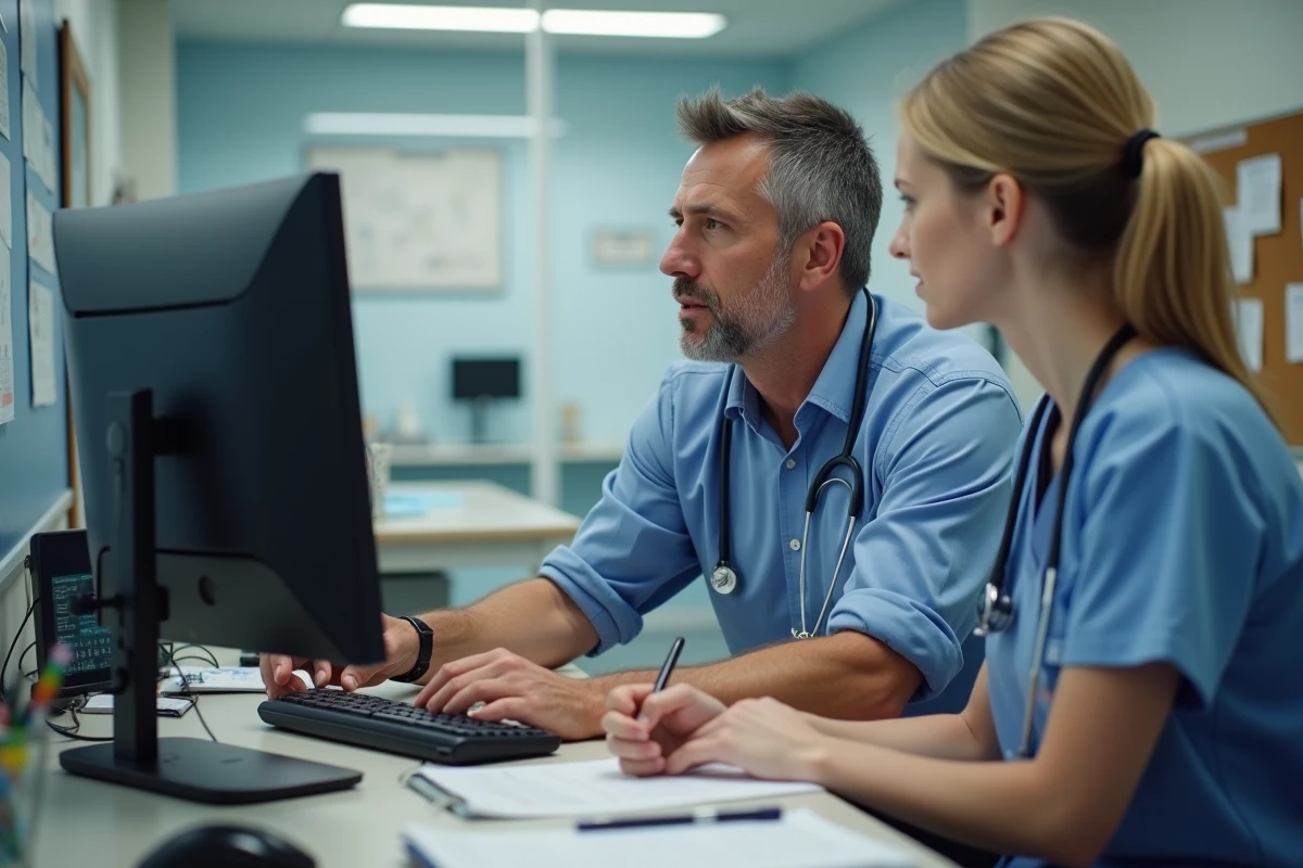 Technicien vétérinaire aidant un stagiaire lors d