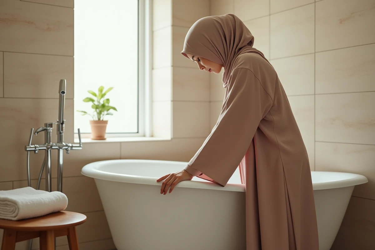 Femme en tenue pudique s'apprêtant à effectuer la grande ablution dans une baignoire, salle de bain lumineuse et épurée