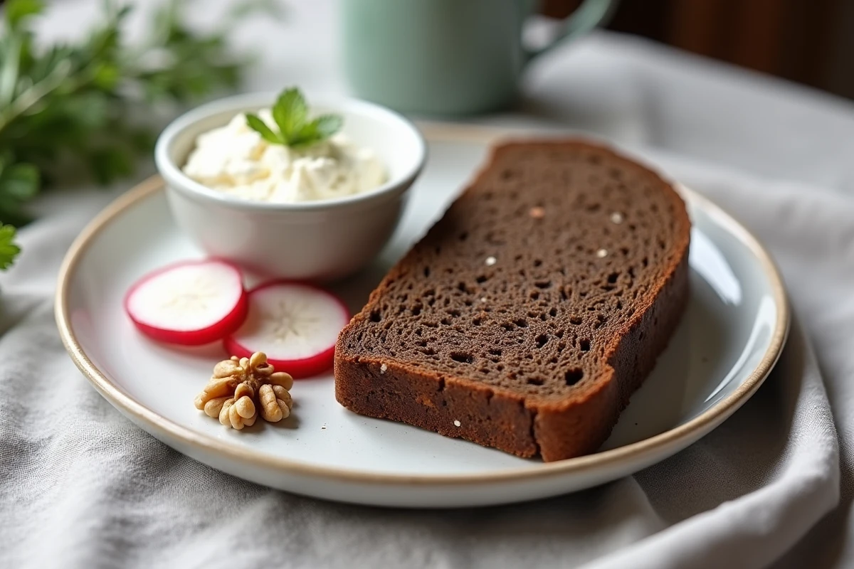 Gros plan d'une tranche de pain de seigle avec fromage blanc et noix sur assiette blanche, alimentation minceur équilibrée