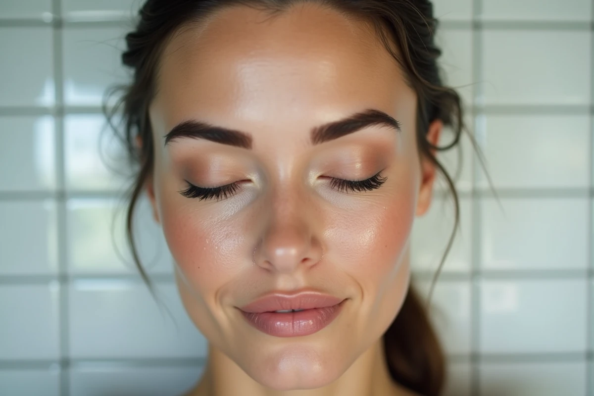 Gros plan sur des sourcils en maquillage permanent microblading avec gouttes d'eau après ablutions
