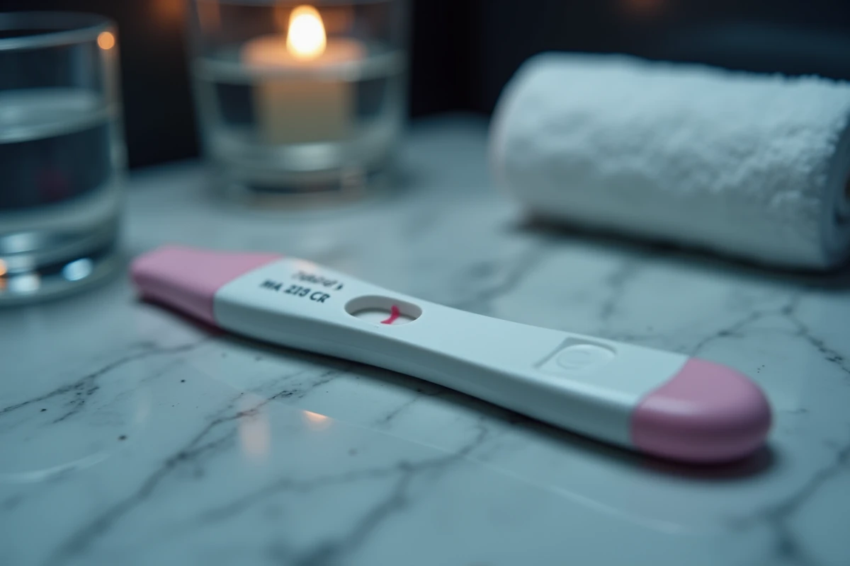 Gros plan d'un test de grossesse posé sur un comptoir en marbre avec une ligne faible visible le soir