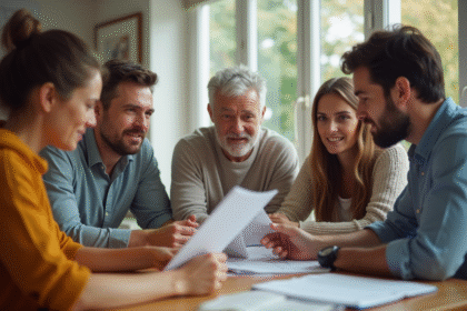 Groupe d'adultes autour d'une table cuisine pour un examen médical