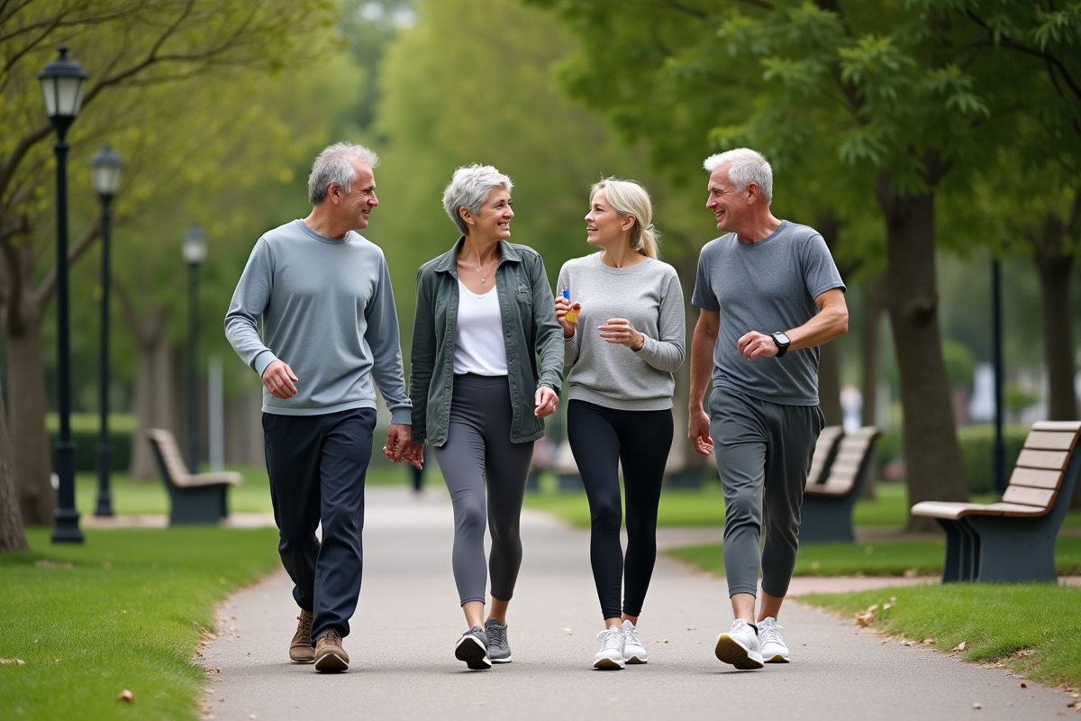 Groupe d adultes marchant dans un parc urbain