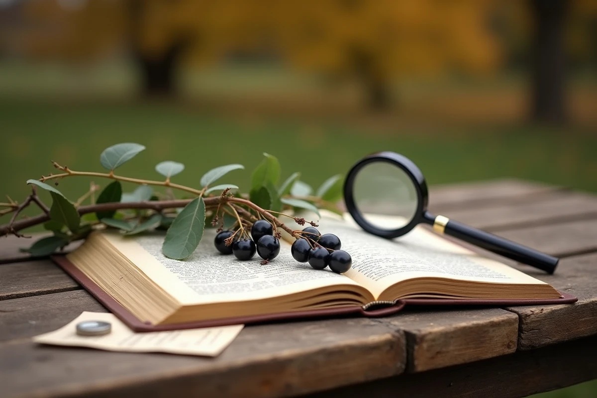 Guide botanique de terrain ouvert sur une table en bois avec des branches de prunellier et une loupe pour identifier les baies sauvages