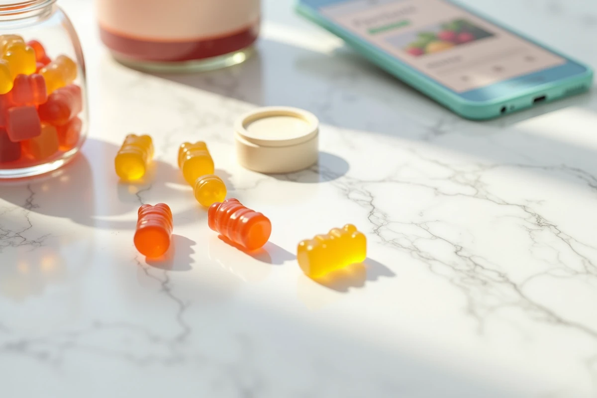 Gummies Bears with Benefits en forme d'ours sur marbre blanc avec étiquette ingrédients et avis produit