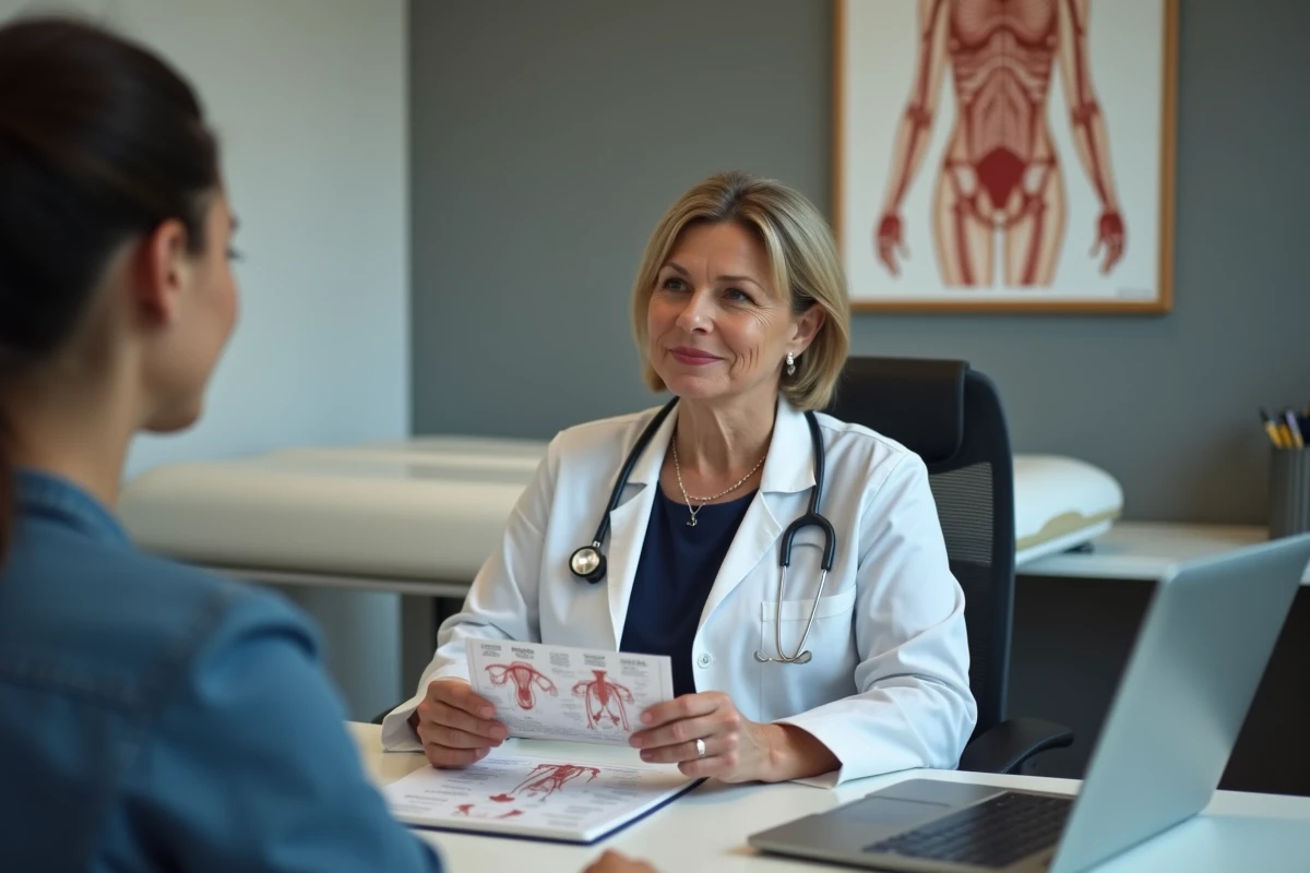 Gynécologue en consultation expliquant un traitement hormonal local à une patiente dans son cabinet médical