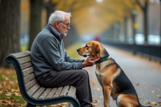 Homme âgé caressant un chien dans un parc calme