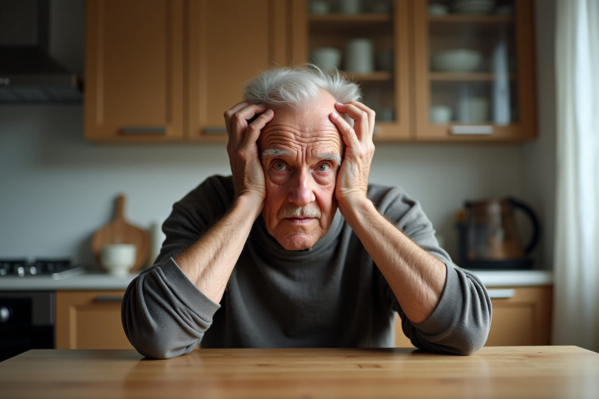 Homme age assis à la table de cuisine avec peau sèche et expression