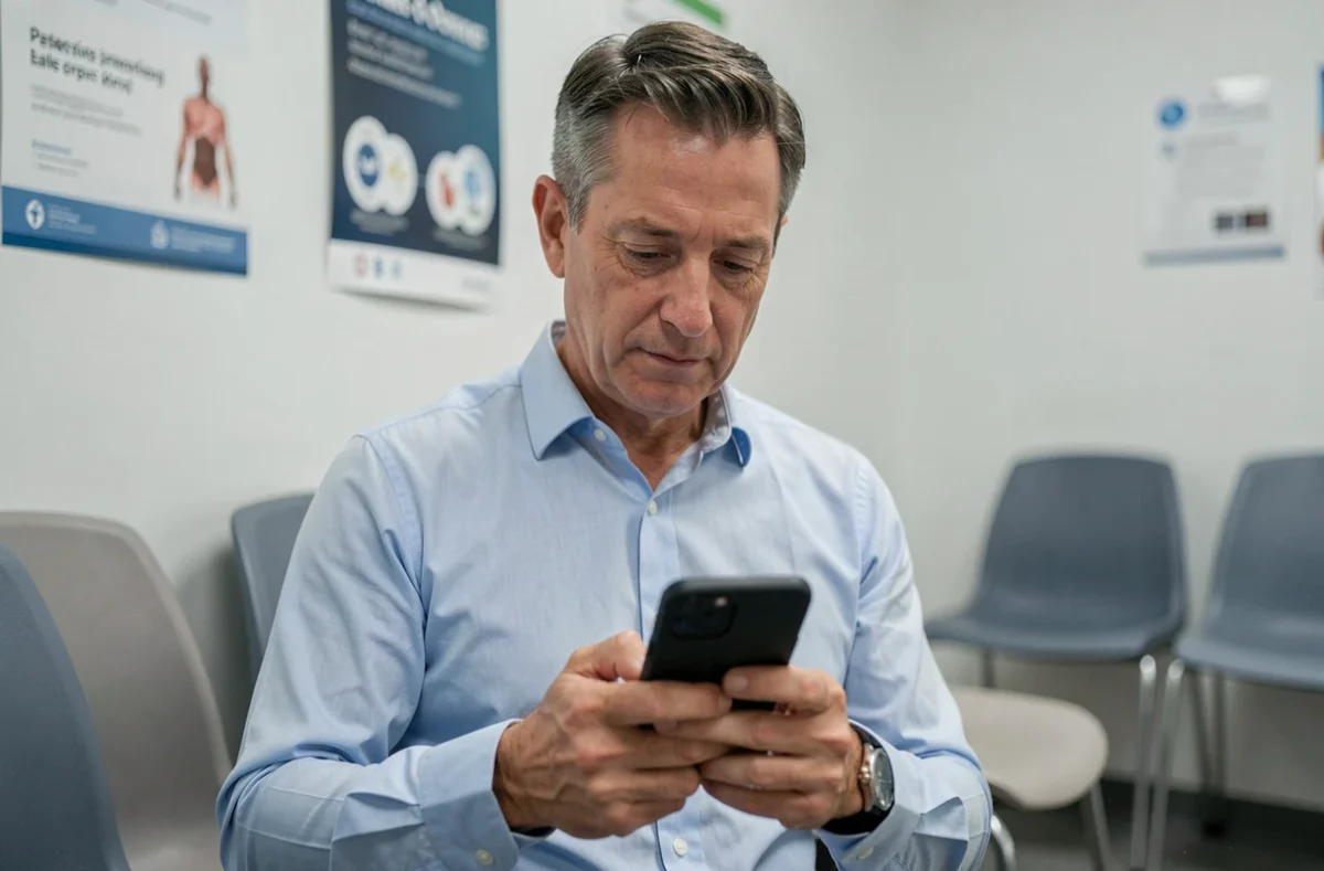 Homme consultant une application santé diabète dans une salle d'attente médicale