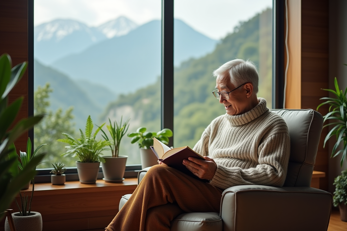 Homme asiatique lisant dans un salon avec plantes