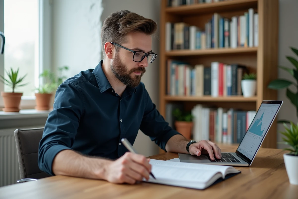 Homme assis à son bureau à domicile en train d'évaluer ses déplacements domicile-travail sur un carnet et un ordinateur portable