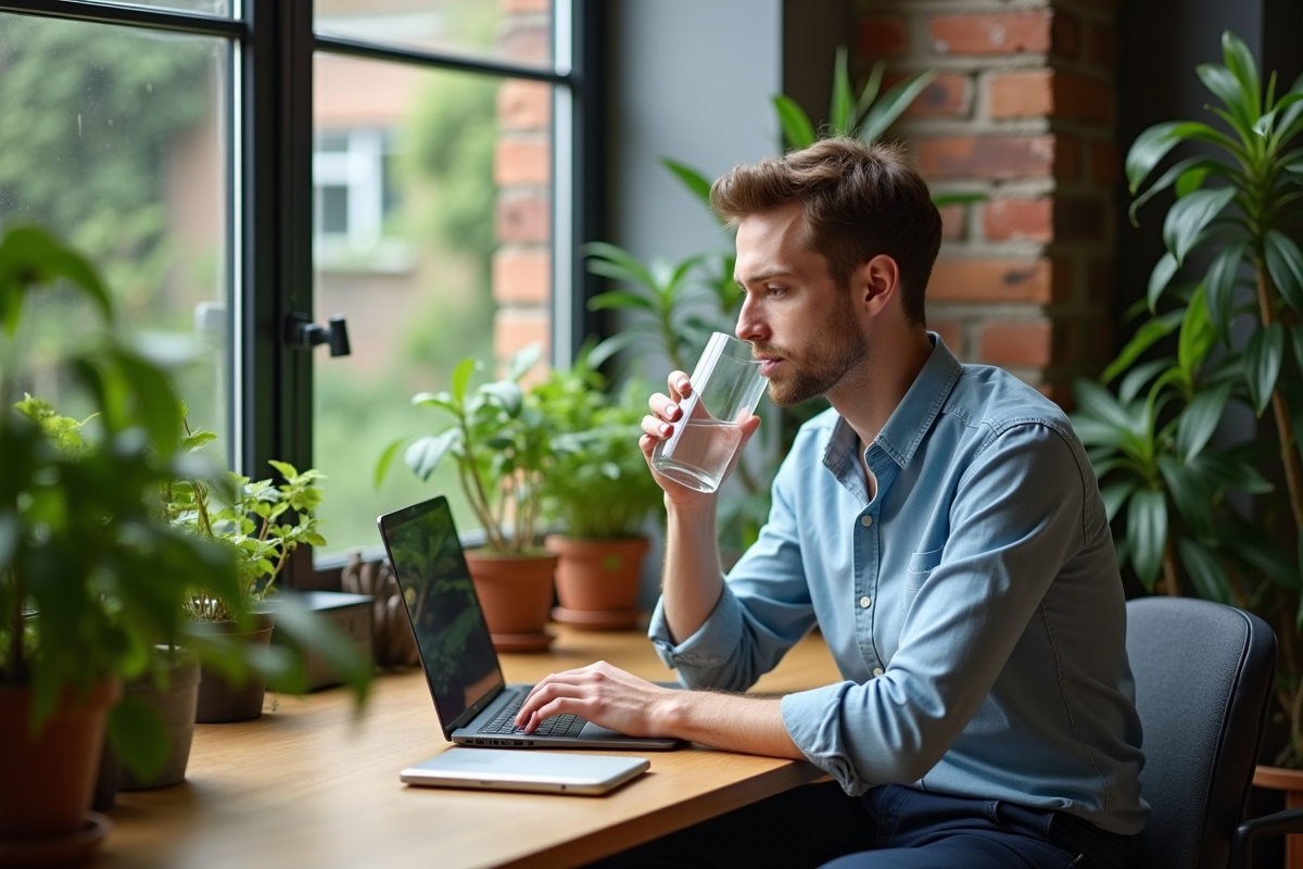 Homme au bureau avec plantes vertes et lumière naturelle