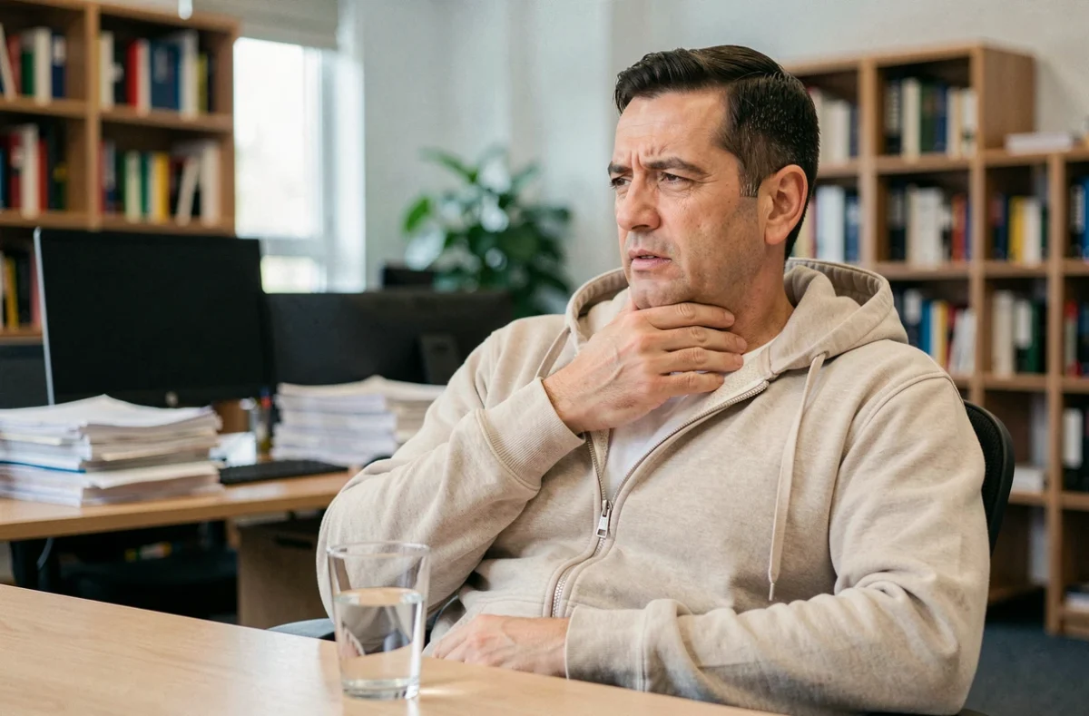 Homme au bureau avec un verre d'eau pour calmer une quinte de toux en milieu professionnel