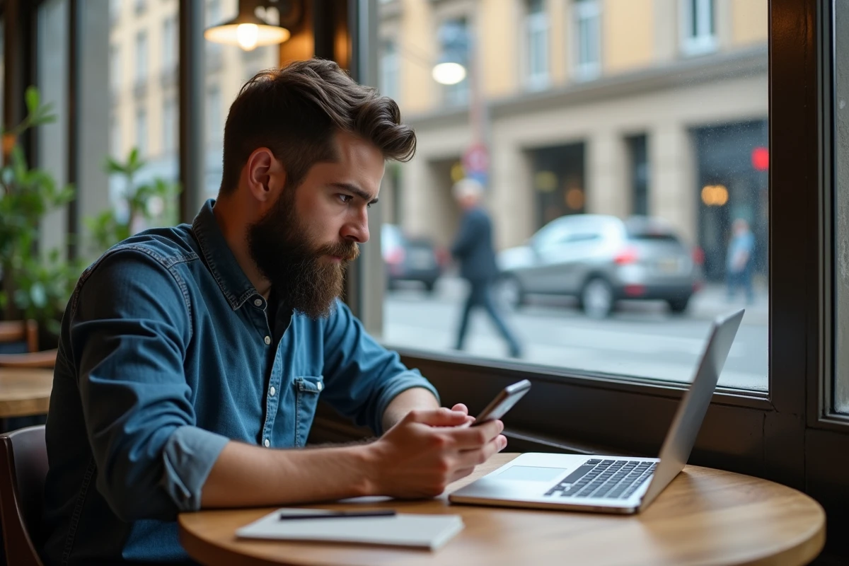 Homme barbu utilisant son smartphone dans un café urbain