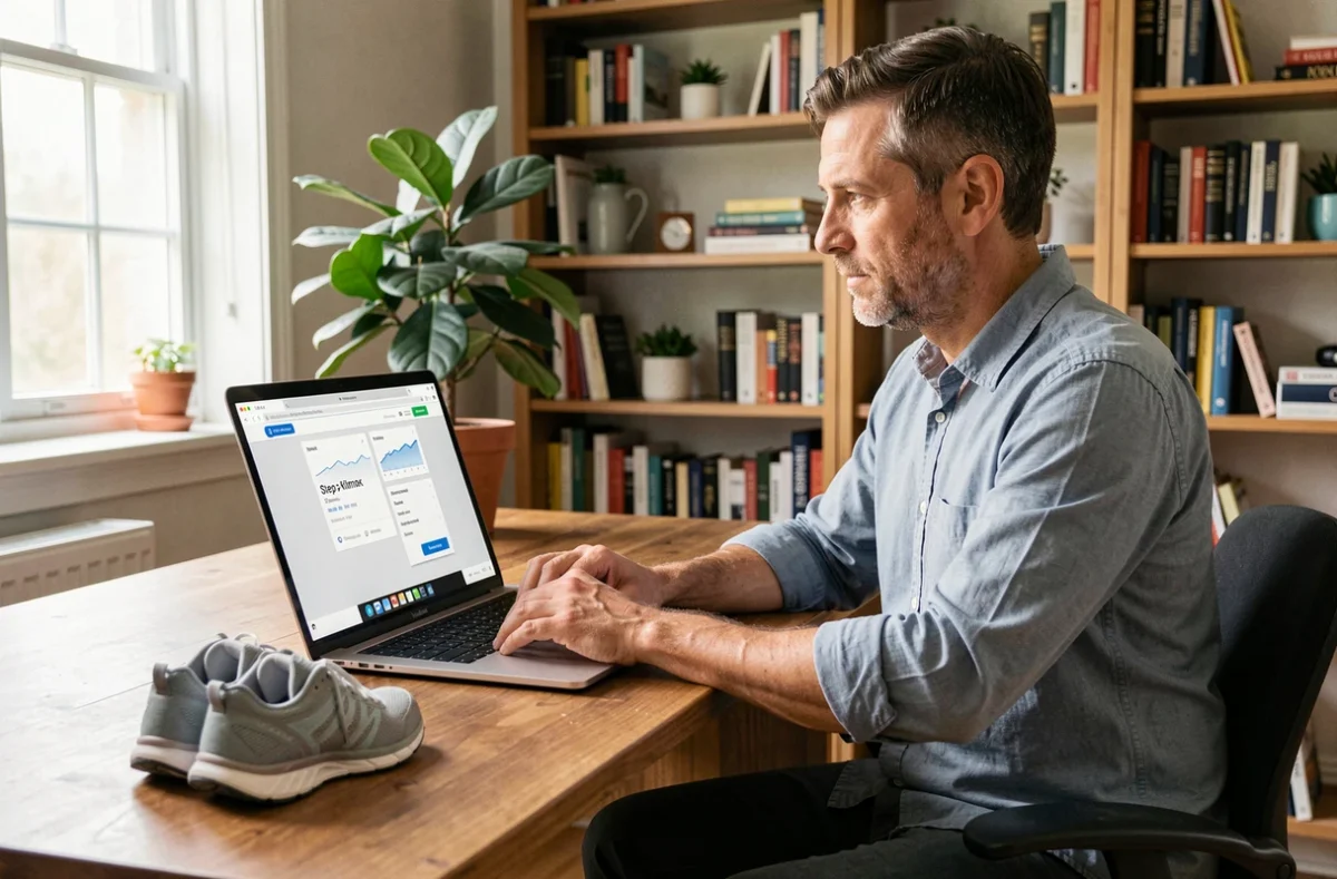 Homme utilisant un convertisseur de pas en kilomètres en ligne sur un ordinateur portable dans un bureau à domicile