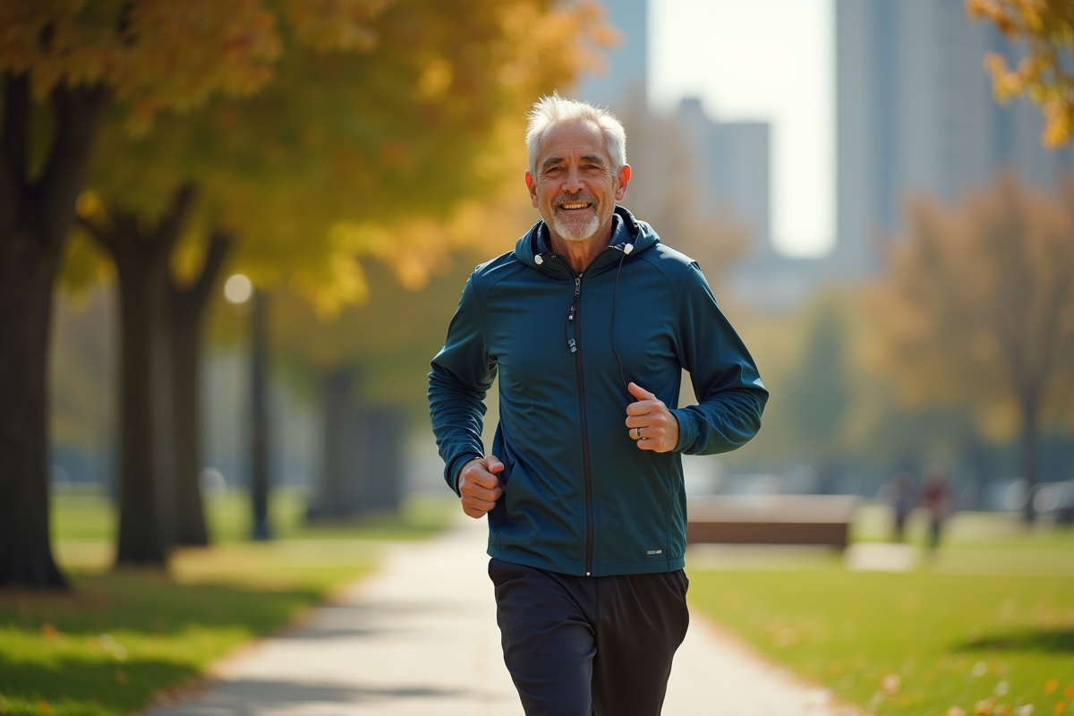 Homme courant dans un parc urbain en matinée