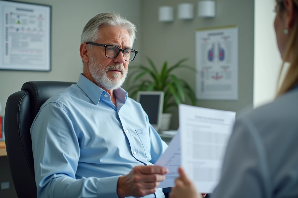 Homme en consultation médicale regardant ses résultats