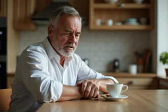 Homme d'âge moyen assis dans sa cuisine pressant son bras gauche avec une expression de douleur et d'inquiétude