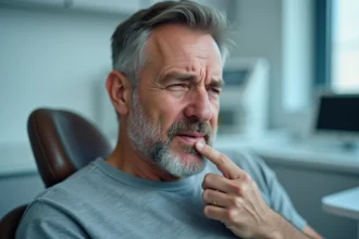 Homme d'une cinquantaine d'années en cabinet dentaire tenant sa mâchoire avec une expression de douleur, illustrant les symptômes du cancer de la mâchoire