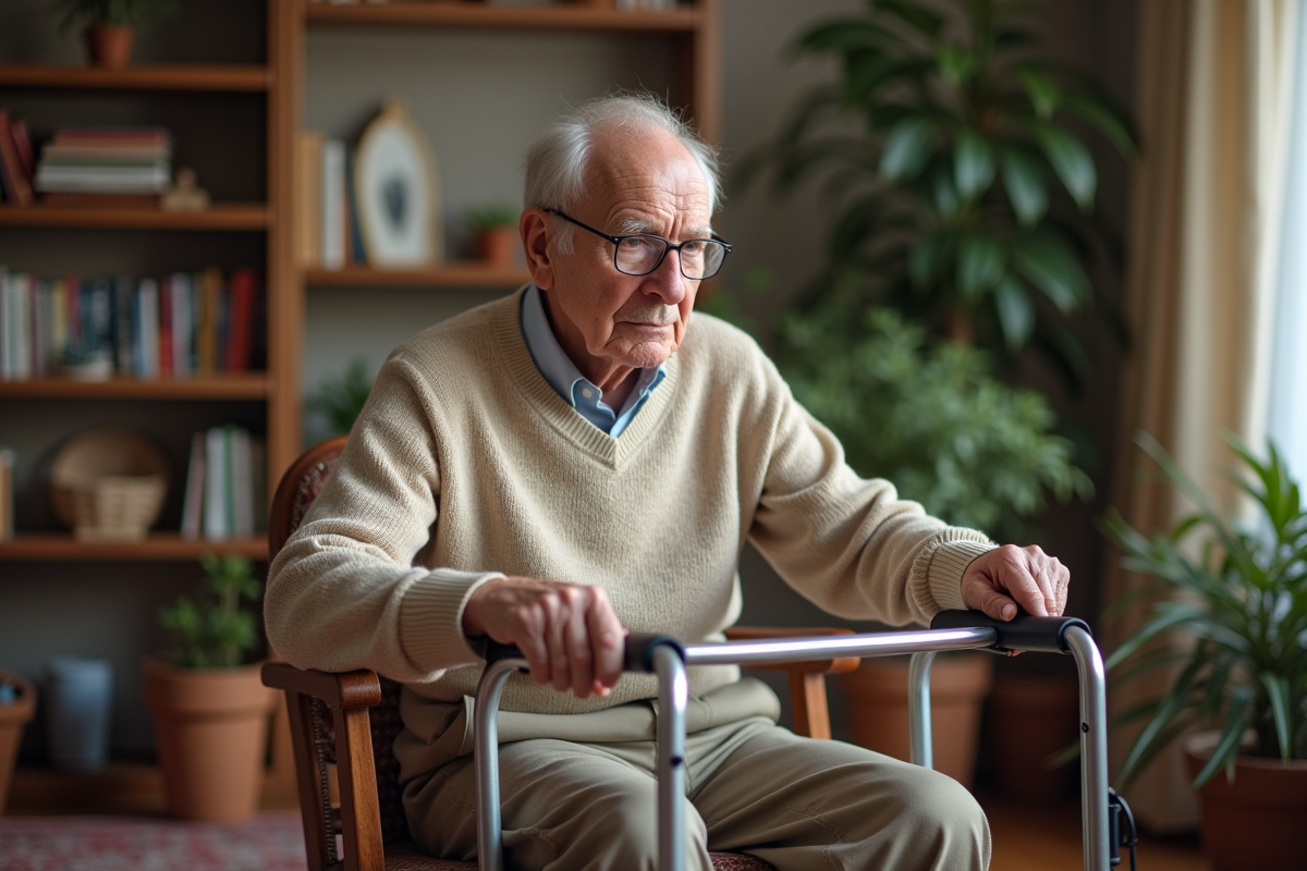 Homme âgé ajustant son déambulateur dans un salon chaleureux