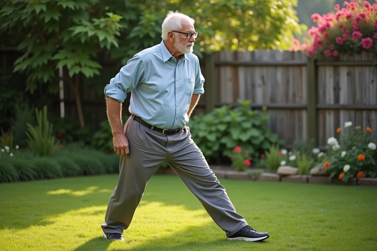 Homme de 70 ans en étirement dans un jardin paisible