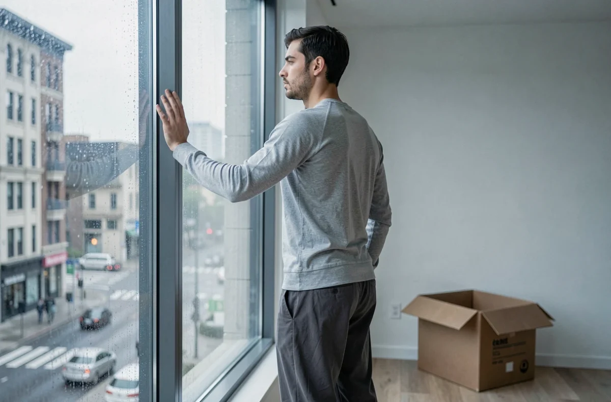 Homme debout devant une fenêtre pluvieuse dans un appartement minimaliste, la main posée sur la vitre, exprimant la mélancolie et le lâcher-prise après une séparation