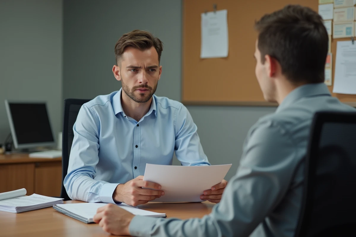 Jeune homme français expliquant son dossier à un agent administratif