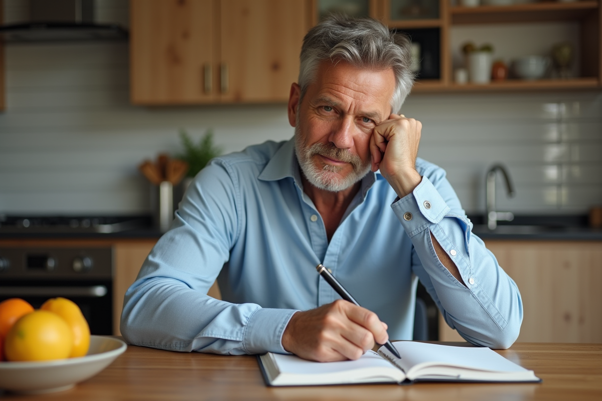 Homme en cuisine écrivant dans un journal de perte de poids