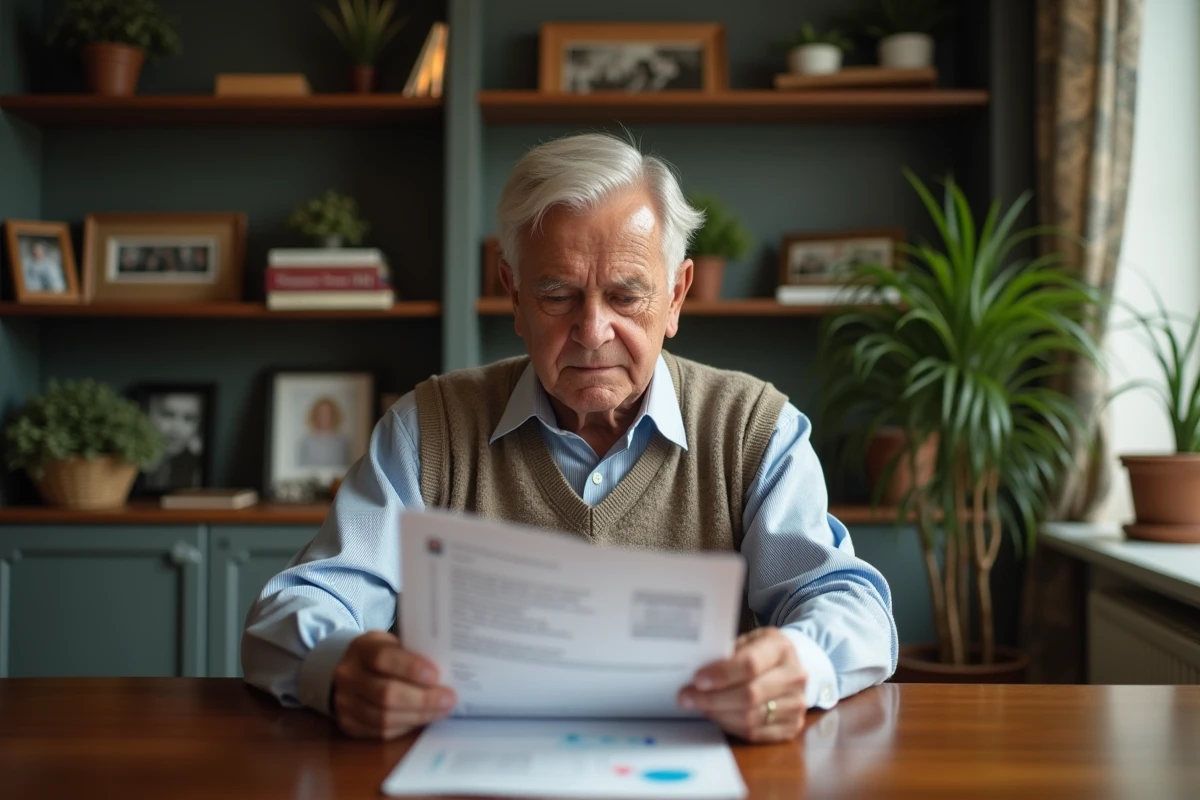 Homme âgé lisant résultats médicaux à la maison