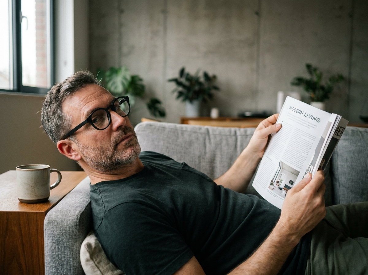 Homme portant des lunettes de repos anti-fatigue en lisant un magazine sur son canapé