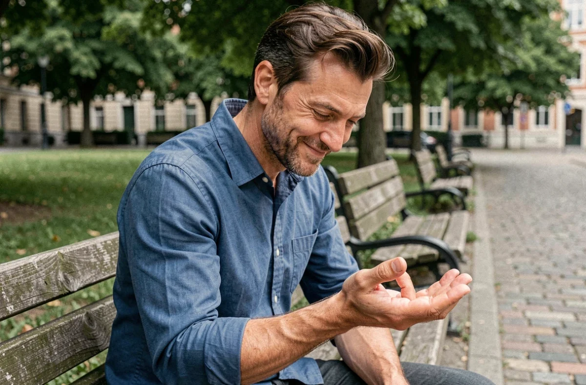 Homme scrutant sa main droite dans un parc urbain, croyance populaire démangeaison signe d'argent