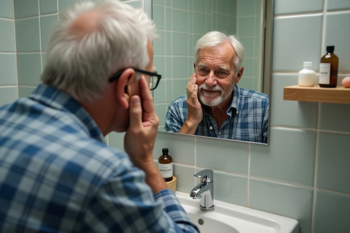 Homme âgé regardant dans le miroir du bain